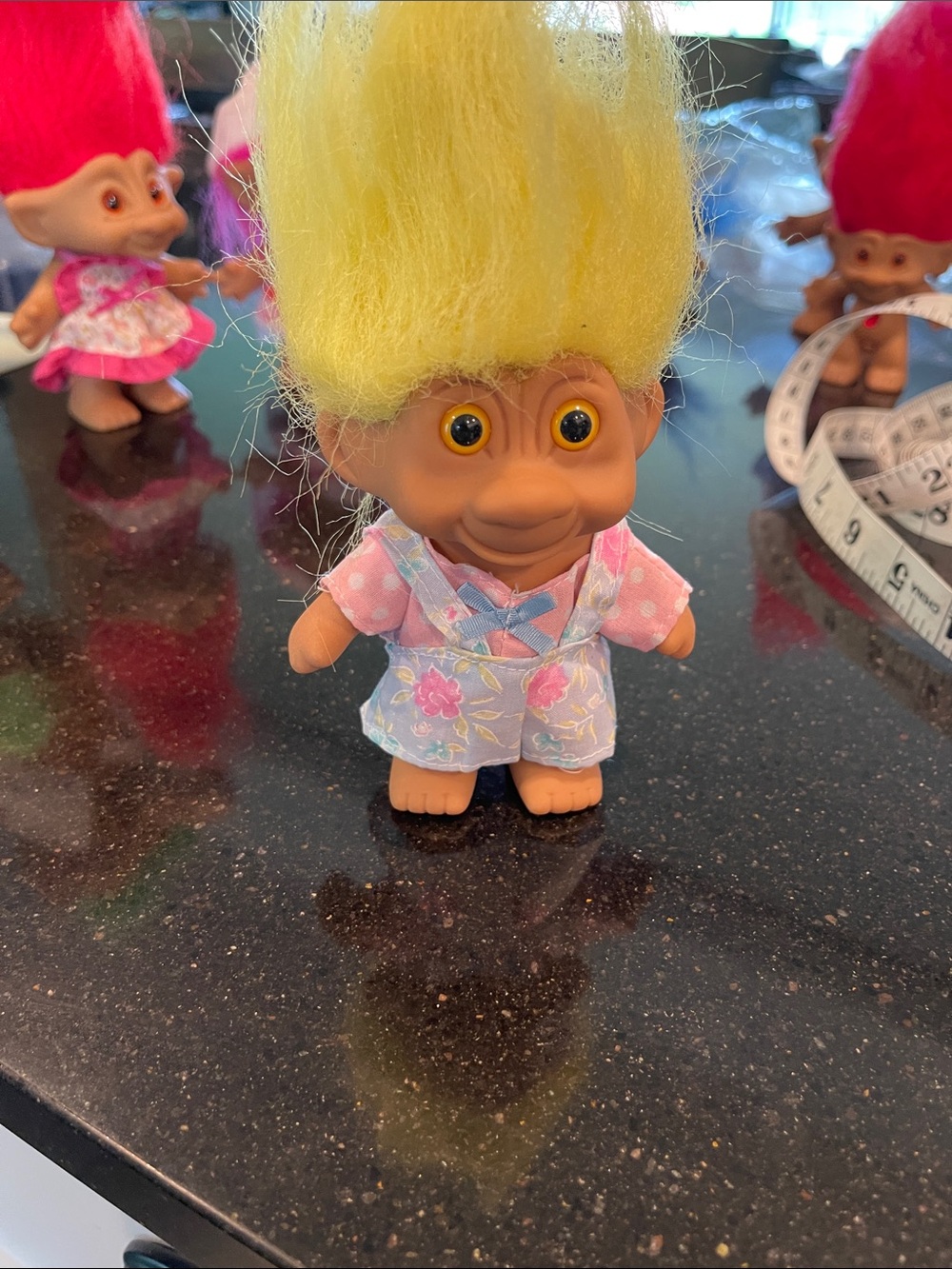 Yellow-Haired Troll Doll in Floral Overalls. Treasure troll